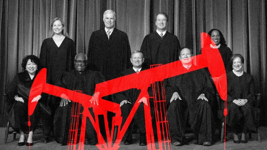 A black and white image of the nine U.S. Supreme Court justices with two red oil pumpjack images overlaid.