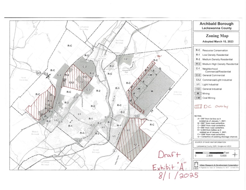 A map-style infographic (shaded-overlay graphic) showing Archbald Borough’s data-center overlay and the specific parcels highlighted for proposed data-center campuses — it visually locates and outlines the footprint of proposed projects, illustrating how multiple large campuses would be clustered within the borough and the extent of land they would occupy relative to the town.