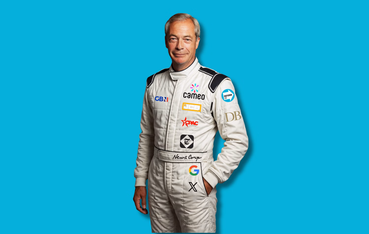 Reform UK leader Nigel Farage in a jumpsuit with sponsor labels.