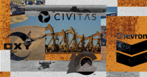 A collage of images with a neighborhood platte next to an oil pumpjack, center, oil jumpjacks drilling oil, bottom, shut-in oil well valve, overlaid on orange blocks with darker orange dots representing unreclaimed oil and gas sites. Oxy, Civitas, Chevron, and Colorado's Energy and Carbon Management Commission logos overlaid.