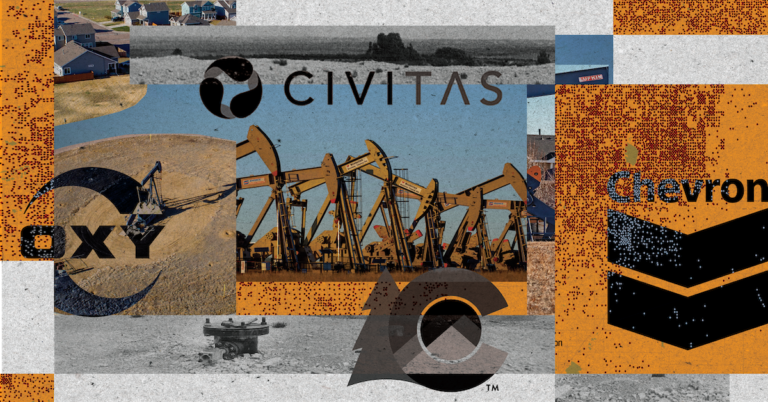 A collage of images with a neighborhood platte next to an oil pumpjack, center, oil jumpjacks drilling oil, bottom, shut-in oil well valve, overlaid on orange blocks with darker orange dots representing unreclaimed oil and gas sites. Oxy, Civitas, Chevron, and Colorado's Energy and Carbon Management Commission logos overlaid.