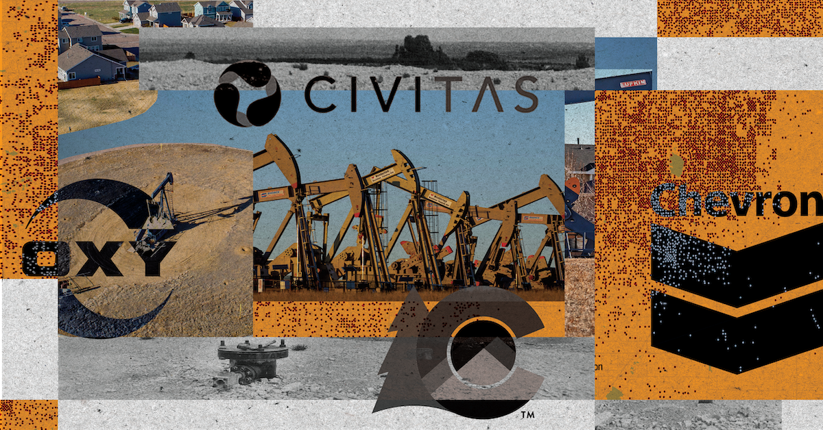 A collage of images with a neighborhood platte next to an oil pumpjack, center, oil jumpjacks drilling oil, bottom, shut-in oil well valve, overlaid on orange blocks with darker orange dots representing unreclaimed oil and gas sites. Oxy, Civitas, Chevron, and Colorado's Energy and Carbon Management Commission logos overlaid.