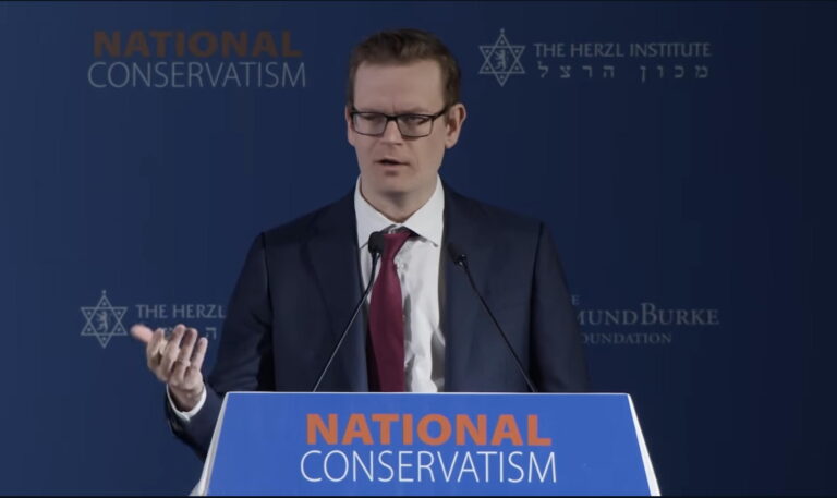Attorney Will Chamberlain addresses the National Conservatism Conference in Jerusalem on Oct. 8, 2026.