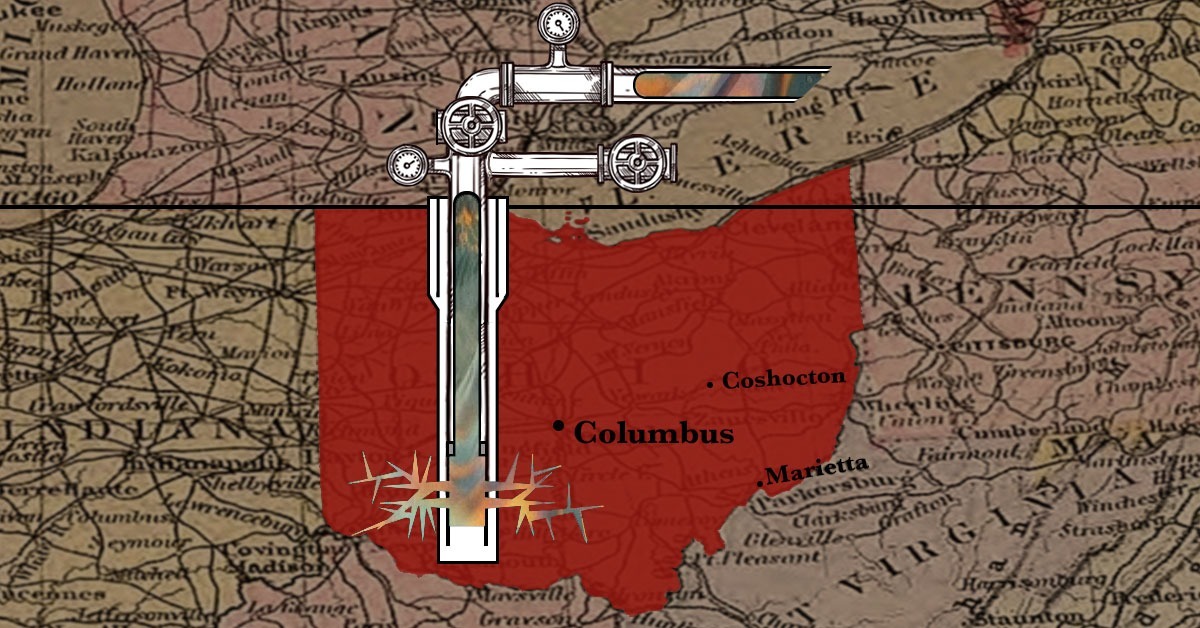 Outline of the state of Ohio, filled red, with the locations of Columbus, Coshocton, and Marietta in central, eastern and southeastern parts. The graphic of Ohio has valves and pipes of a fracking wastewater injection well pumping waste into the state. A vintage 1900s era map surrounds Ohio.