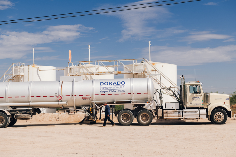 Oil being offloaded from a truck at the Midland Tank Farm in the Permian Basin Shale