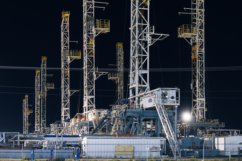 Drilling rigs stacked at a yard in Midland, Texas, after oil prices went negative in April 2020