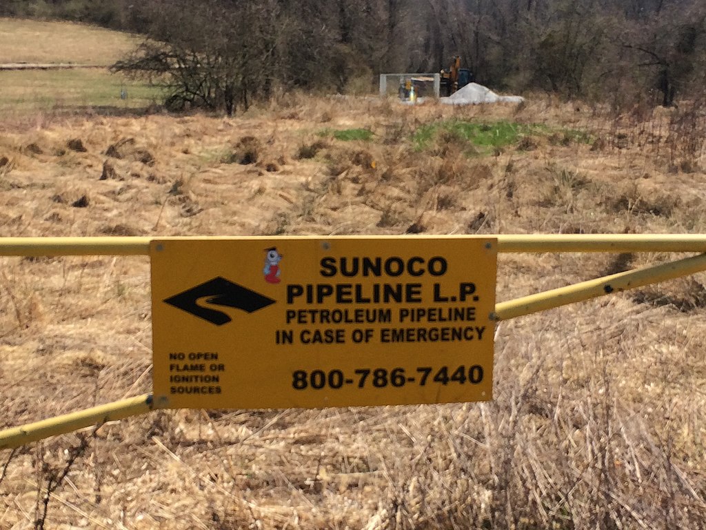 Sunoco Pipeline sign near Mariner East II pipeline site in Delaware County, Pennsylvania.