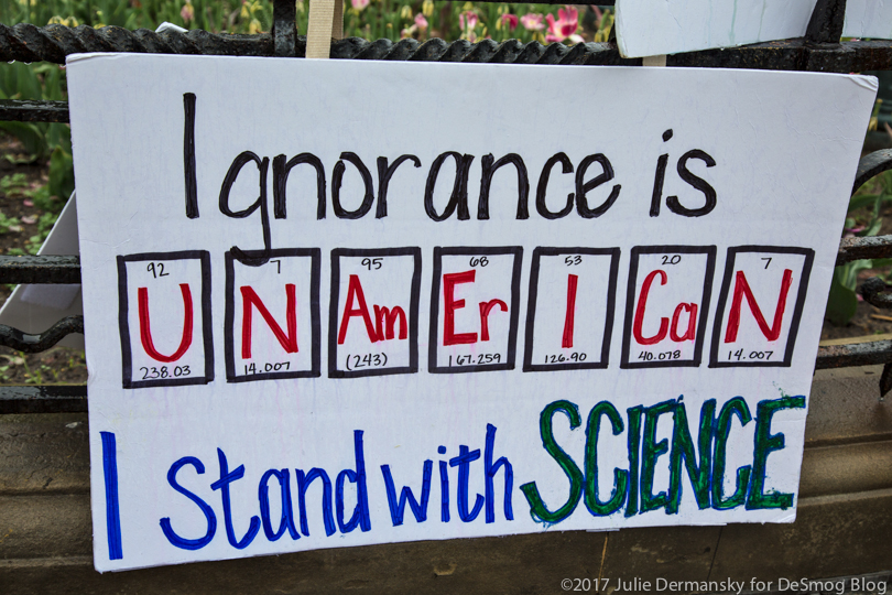 A sign left at the Capitol after the March for Science says 'Ignorance is un-American. I stand with science.'