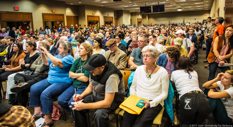 A large crowd of people turned up to the permit hearing for the Bayou Bridge pipeline