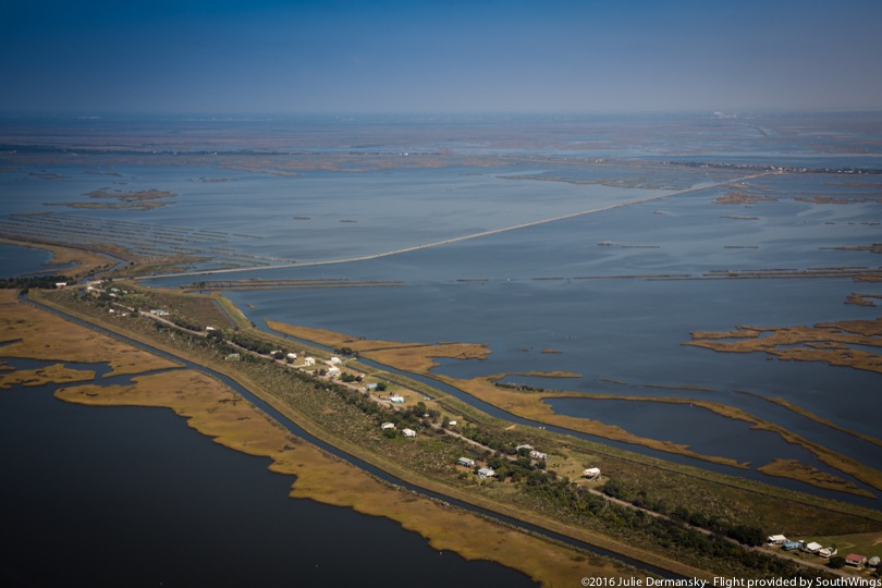 A long thin road crosses the water and disappearing land in Terrebonne Parish.