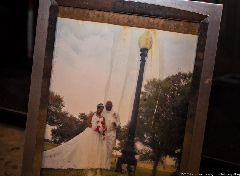 A wedding photo of Hilton and Marie Kelley in their recently flooded home