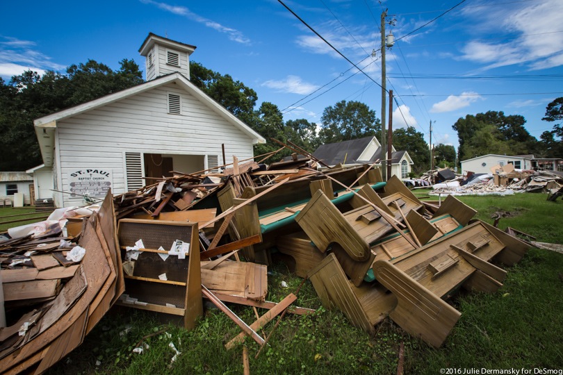 A pile of flood debris outside a church in Louisiana.