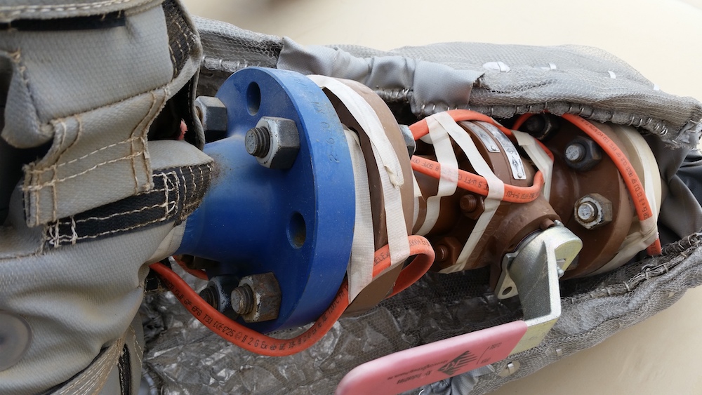 Loose bolts on the slug catcher off the condensate tanks at Lonesome Creek gas processing plant in North Dakota.