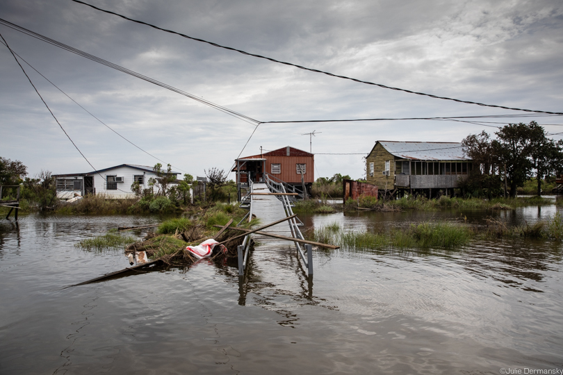 Fishing camps and homes damaged amid floodwaters on the Isle de Jean Charles after Tropical Storm Barry