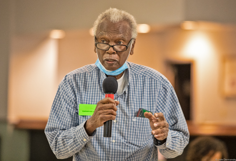 Robert Taylor speaking at a permit hearing for a methanol plant