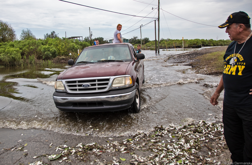 Chief Albert Naquin near dead fish in floodwaters and a truck on the Isle de Jean Charles