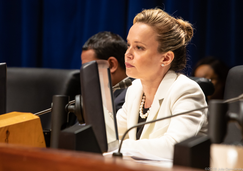 Councilmember-at-Large Helena Moreno leading the questioning of Entergy representatives at the June 28 utilities committee meeting. 