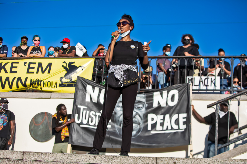 Angela Kinlaw, social justice activist, speaking at a protest in New Orleans' Jackson Square June 6