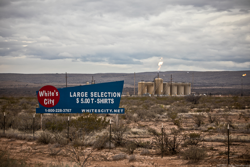 The view of flares at an oil and gas site en route to Carlsbad Caverns National Park in New Mexico