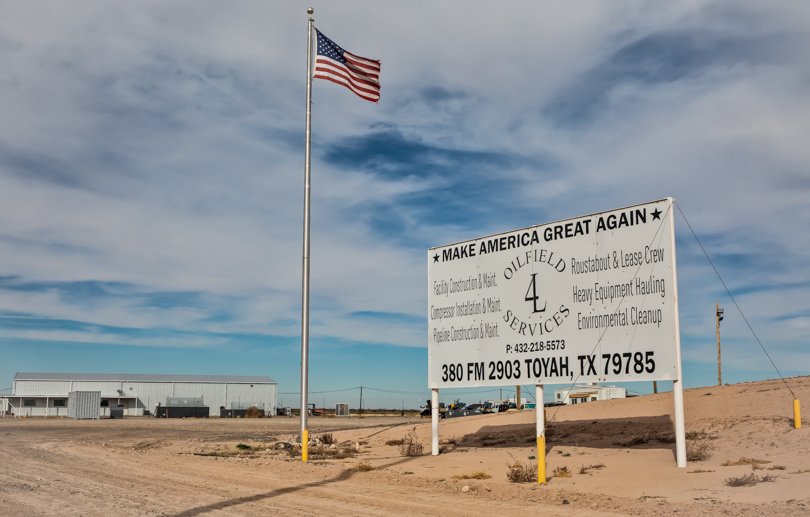 Oil and gas services sign using Trump's reelection slogan