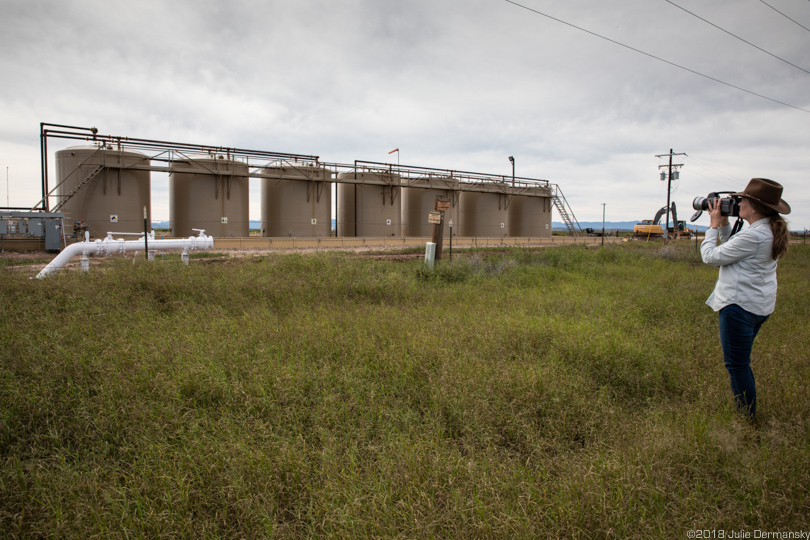 Earthworks' Sharon Wilson checks for air pollution emissions at a fracking industry site in West Texas