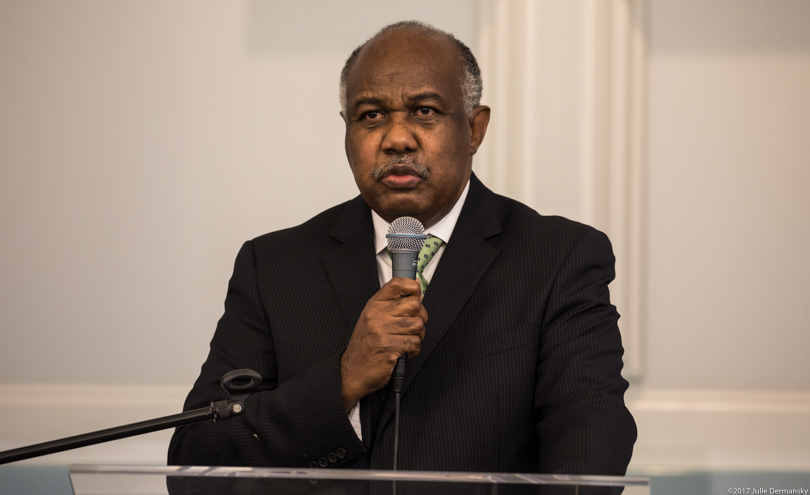 Pastor Lionel Murphy Jr. at the pulpit of his church in Reserve, Louisiana