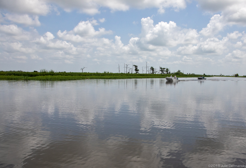 A boat along the 14-mile-long evacuation route from the planned housing development, The Village at Port Manchac