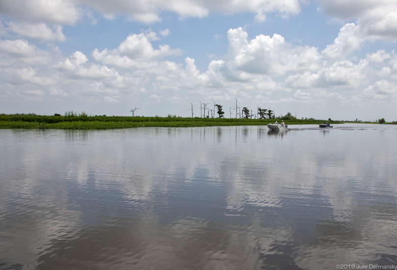 A boat along the 14-mile-long evacuation route from the planned housing development, The Village at Port Manchac