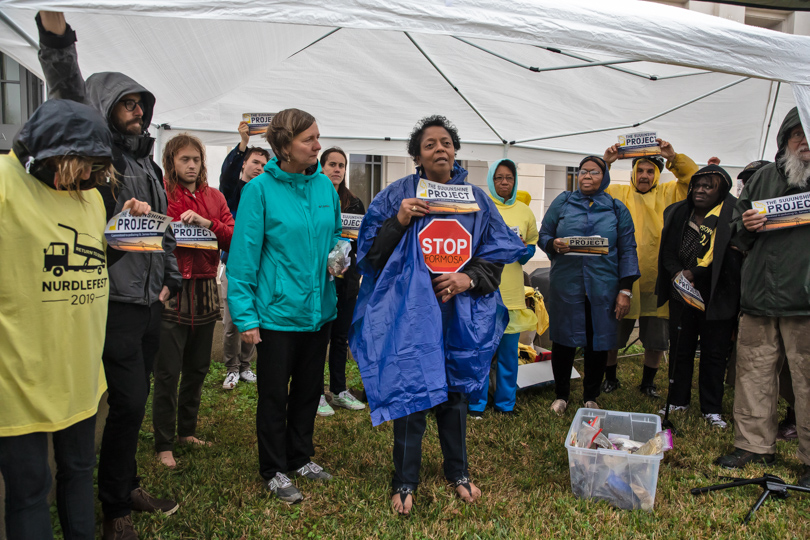 Sharon Lavigne and members of RISE St. James protest an LDEQ permit hearing for Formosa's plastics plant