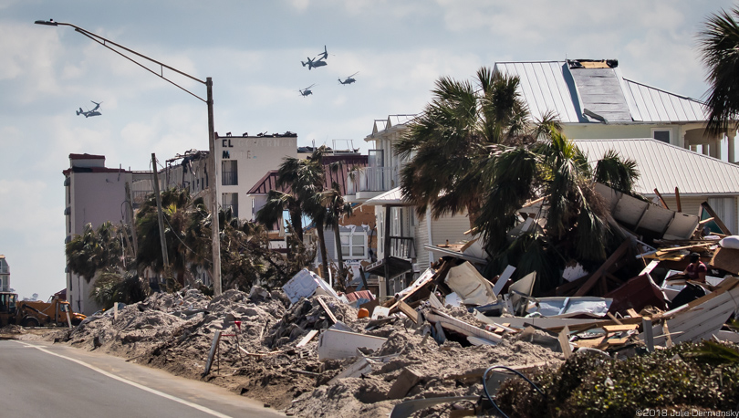 President Trump and presidential entourage fly in helicopters over Mexico Beach