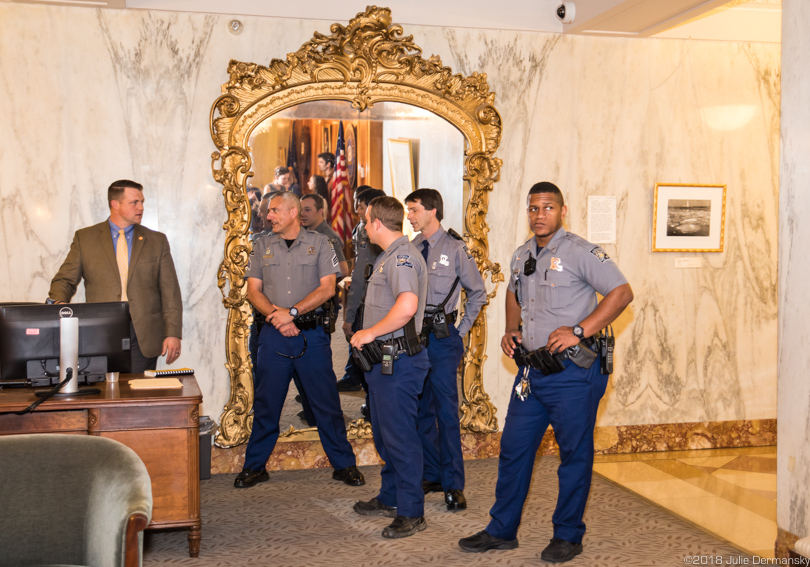 Security inside the foyer of the Louisiana governor's office during an anti-pipeline protest