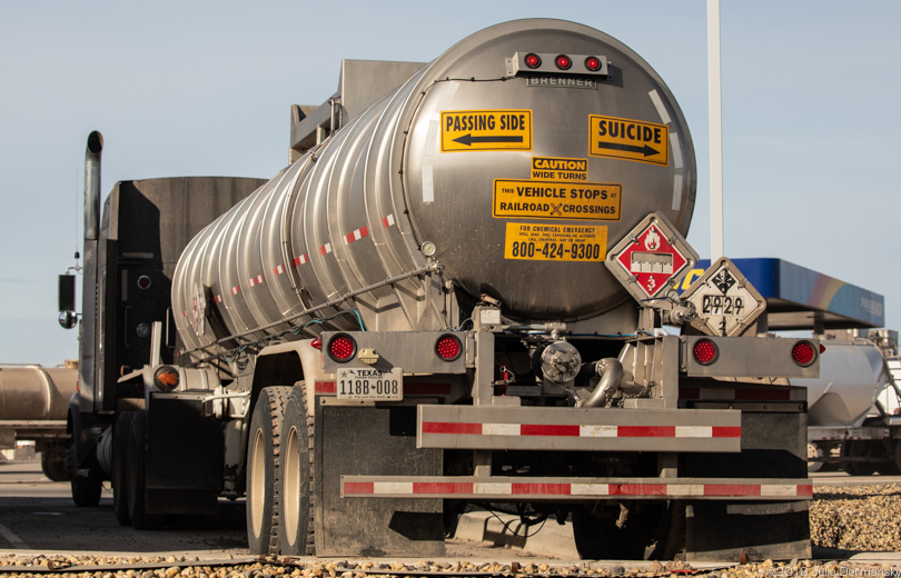 Fracking industry truck with warning stickers