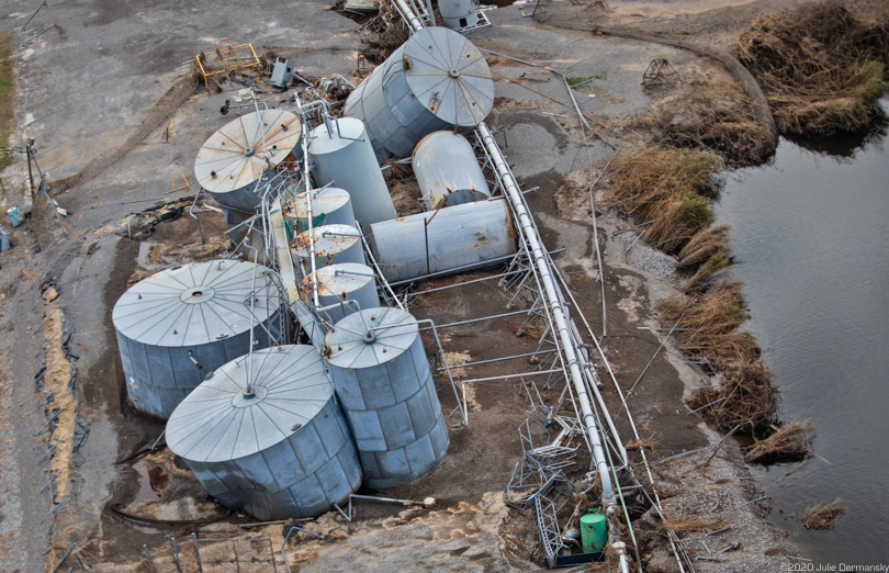 Damaged oil and gas industry tanks in Cameron, Louisiana