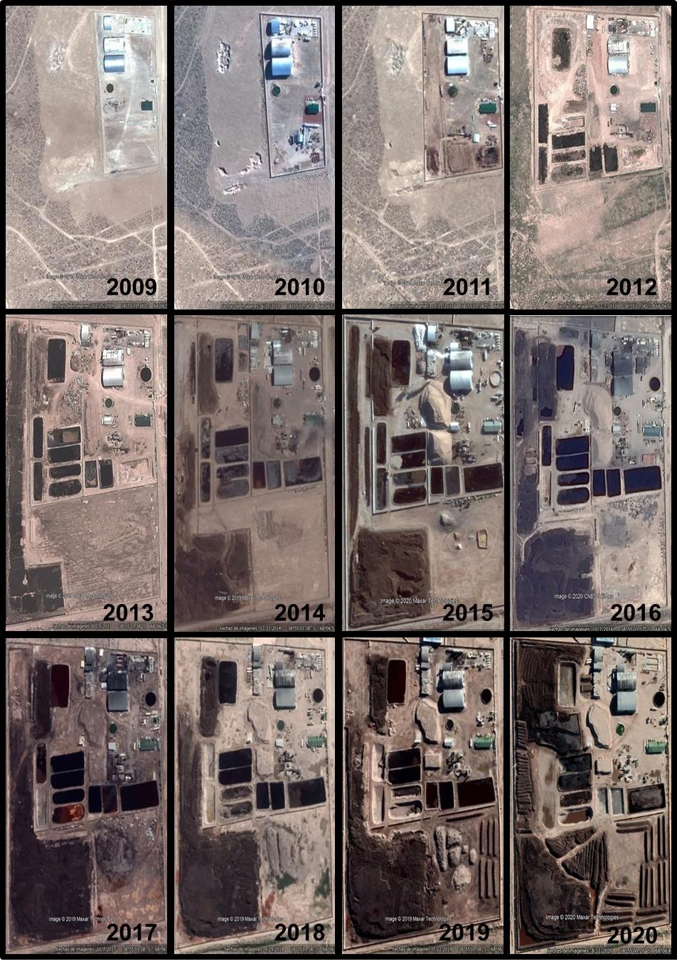 Satellite images of a Comarsa oil and gas waste processing facility expanding between 2009 and 2020.