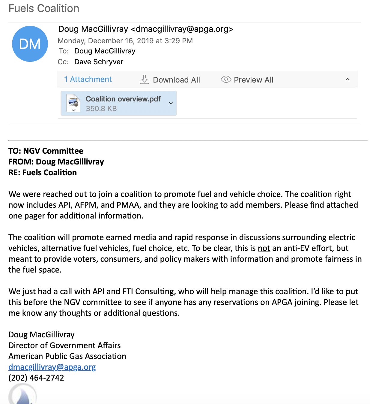 Email from American Public Gas Association's Doug MacGillivray with details about the Transportation Fairness Coalition's mission and partners