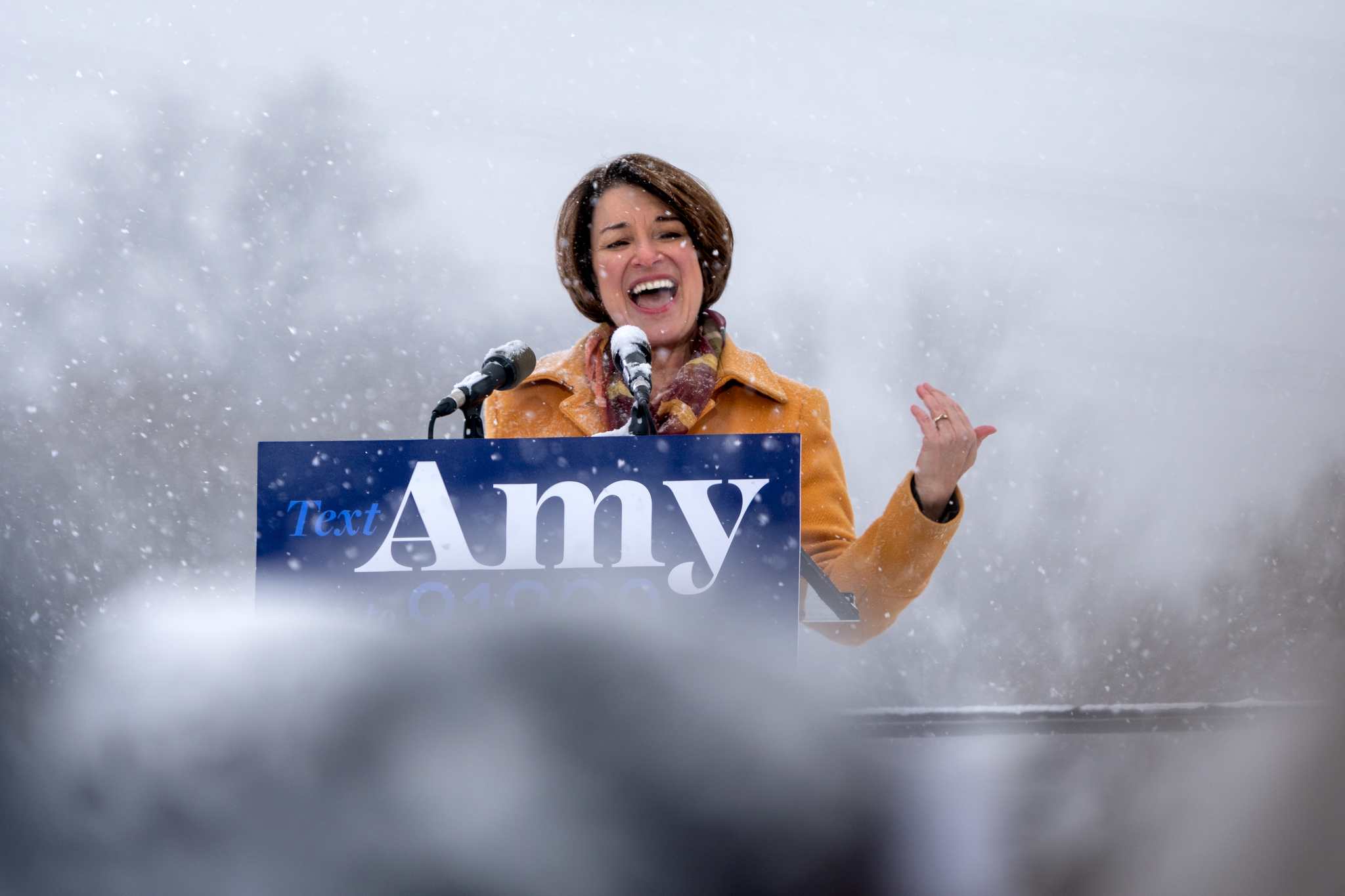 Sen. Amy Klobuchar announcing her presidential candidacy in a snowstorm.