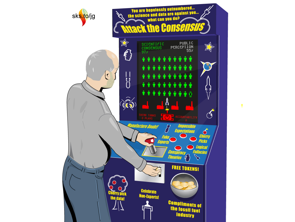 Graphic of a man playing an arcade game 'Attack the scientific consensus'