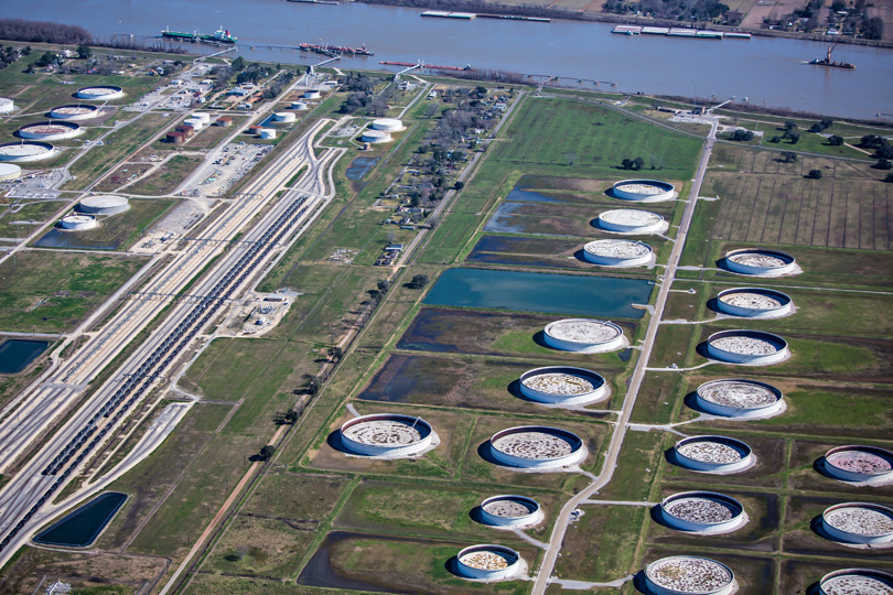 Aerial view of homes and oil storage tanks along Burton Street in St. James, Louisiana