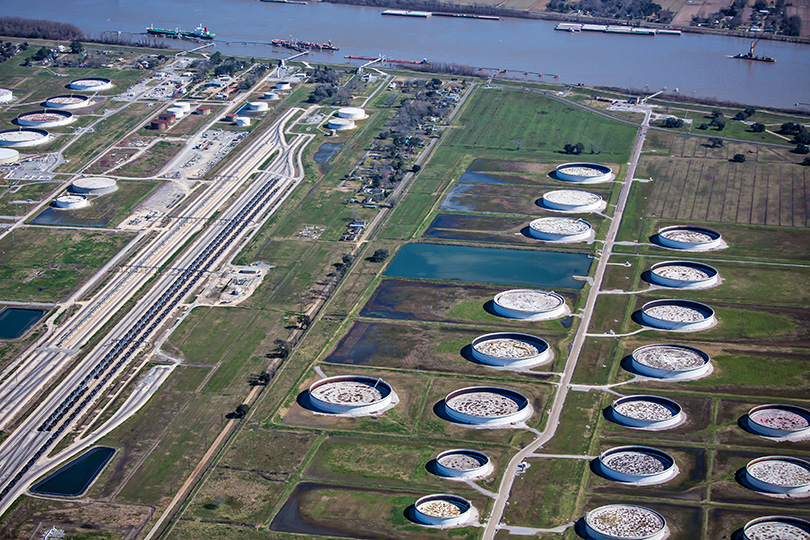NuStar Energy Oil tanks and train terminal in St. James, Louisiana next to the community on Burton Lane close to where the Bayou Bridge pipeline terminates.