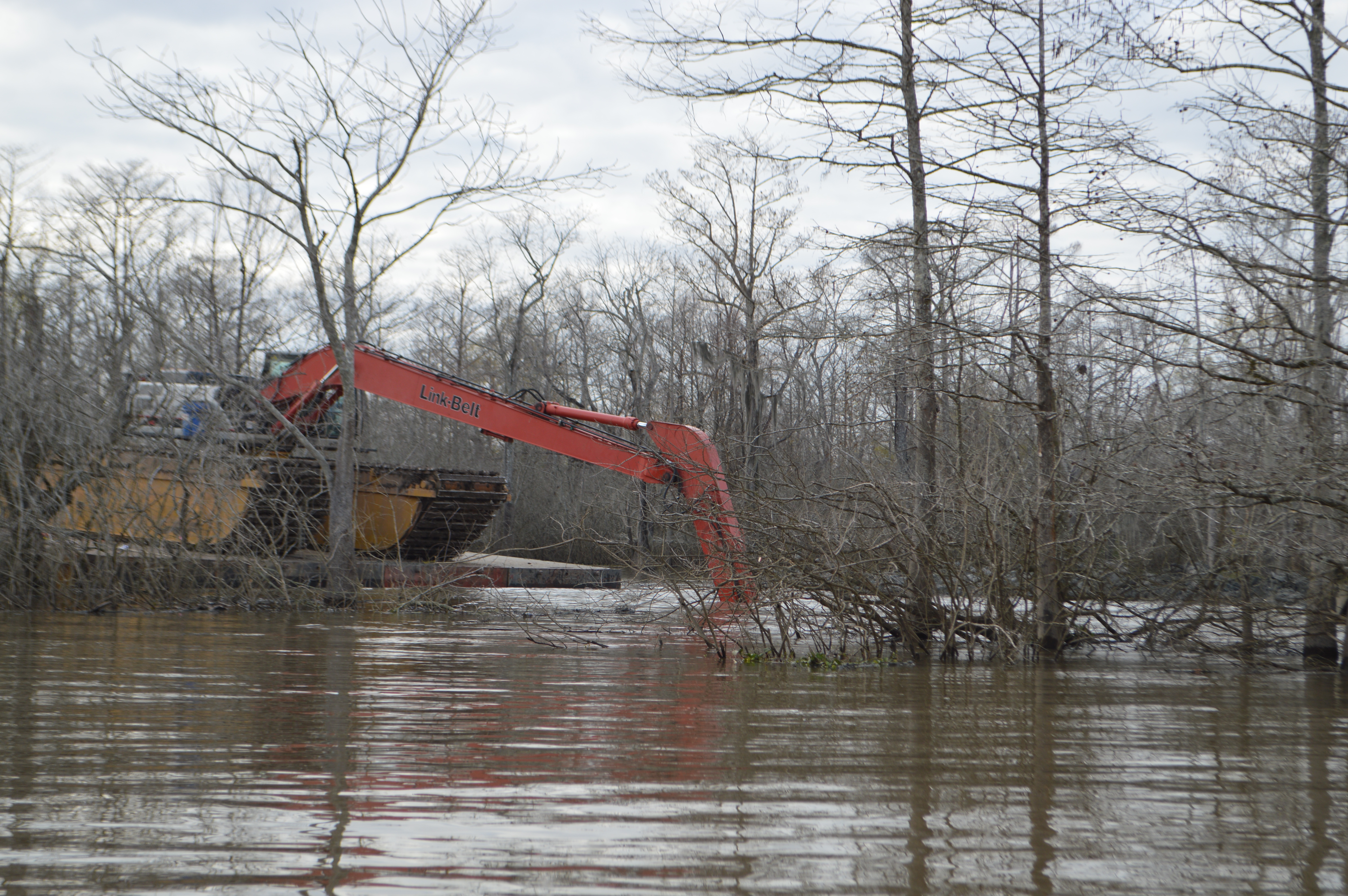 Excavator removing dirt to build the Bayou Bridge pipeline amid high waters in the Atchafalaya Basin