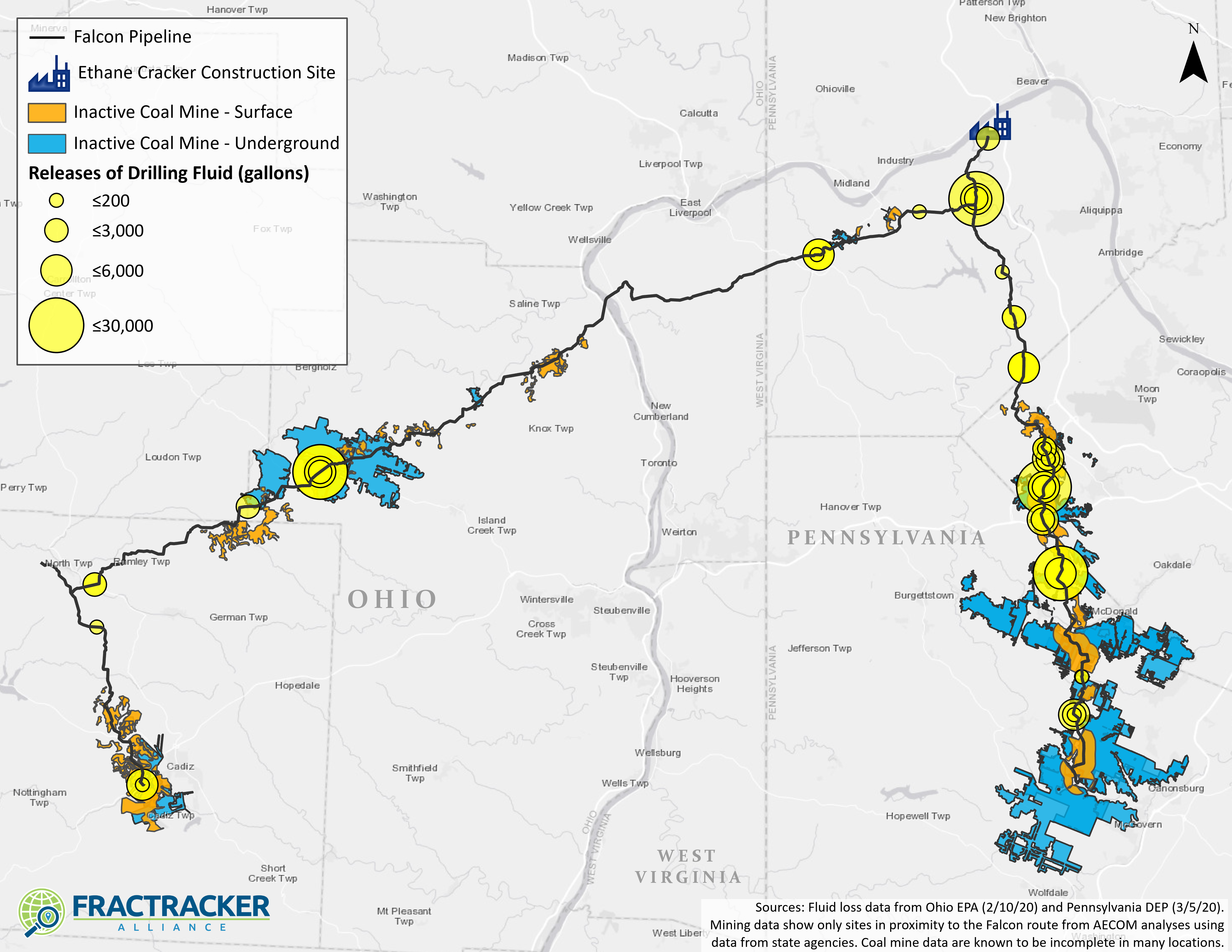 FracTracker map of the Falcon pipeline path, ethane cracker construction, inactive coal mine locations, and sites of drilling fluid releases
