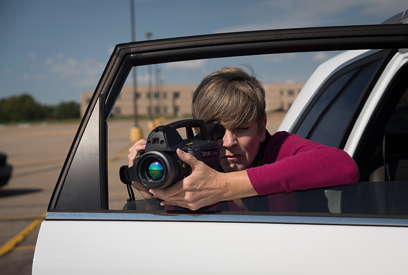 Sharon Wilson with a FLIR camera in Greeley, Colorado