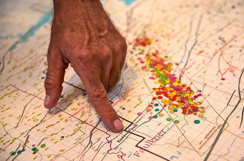 Dirk DeTurck shows how the area in Greenbrier, Arkansas, in Faulkner County, which sits on top of the Fayetteville Shale.