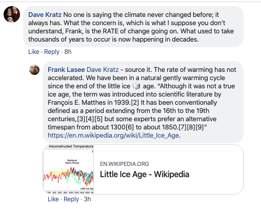 Frank Lasee post on FB about climate change