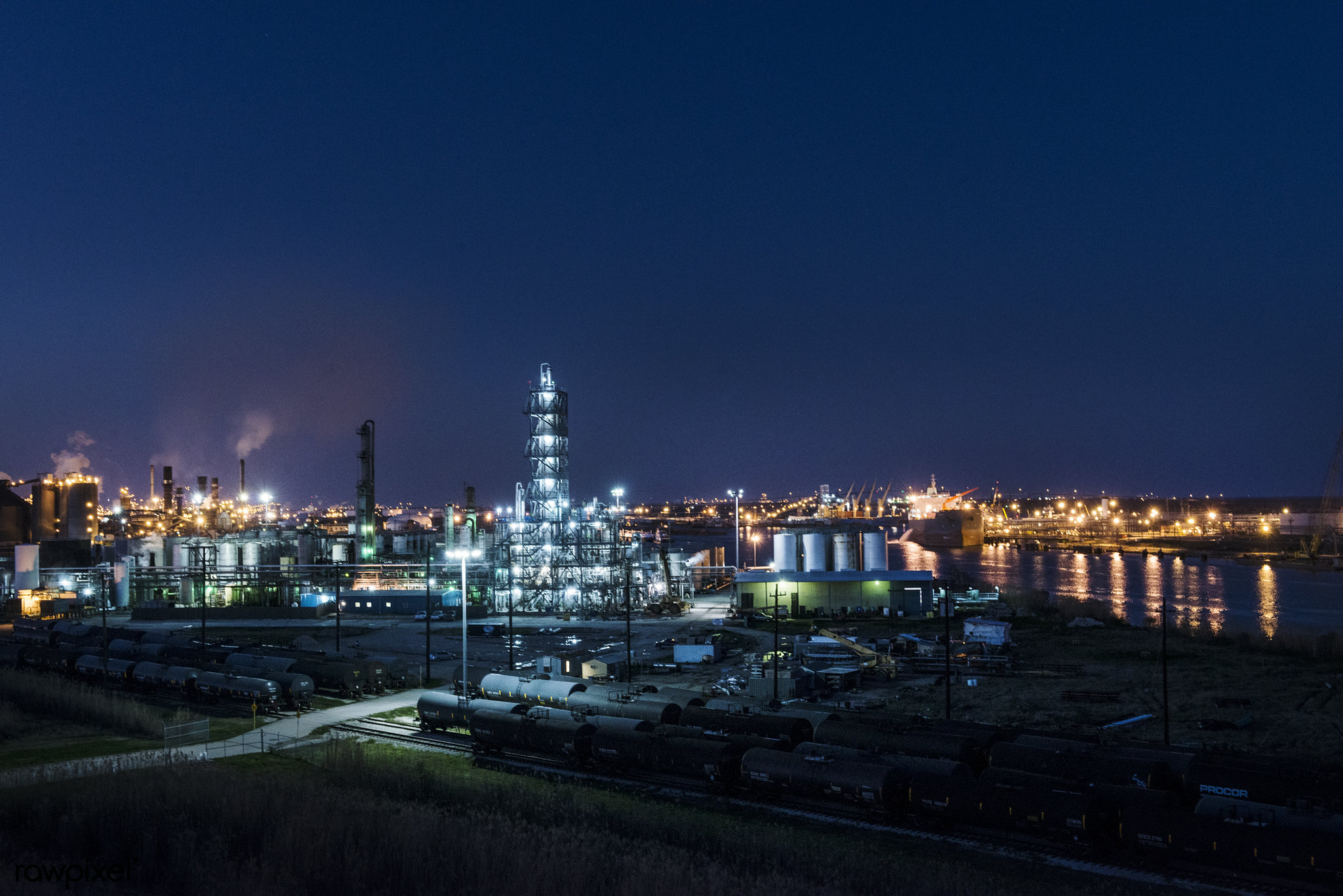 Dusk shot of an industrial scene along the road from Port Arthur to Sabine Pass, Texas.