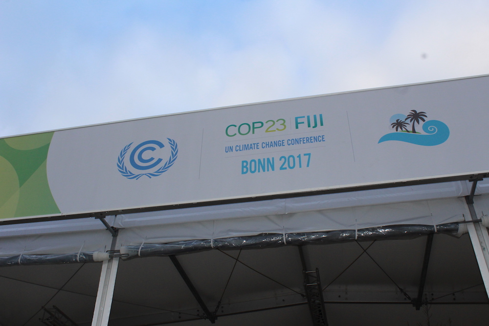 Sign over the entrance to the COP23 UN climate talks in Bonn, Germany