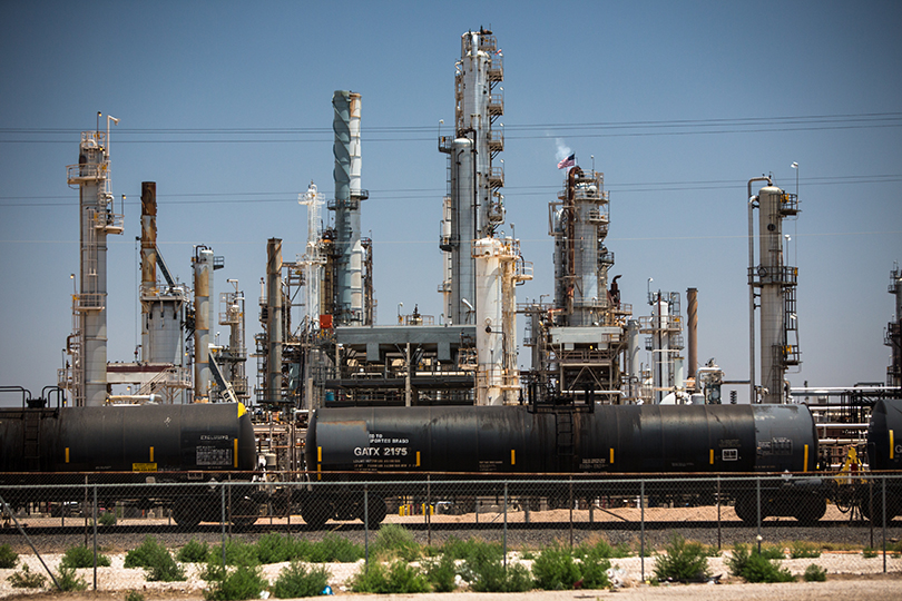 Train in front of the Navajo Artesia refinery in Artesia, New Mexico.