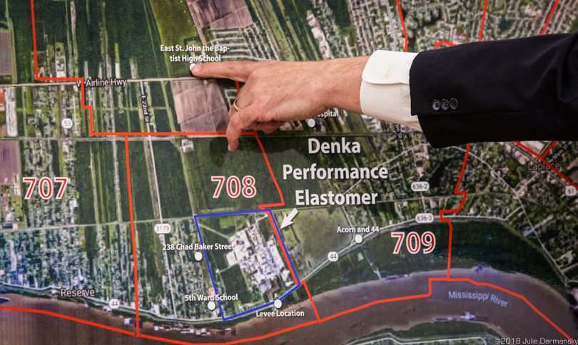 Close-up of map of St. John the Baptist Parish and the schools near the Denka chemical plant