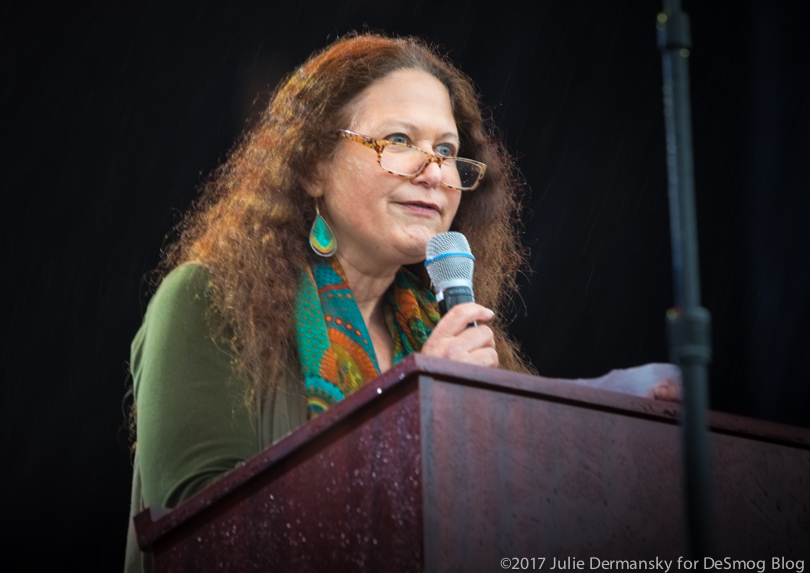 Poet Jane Hirshfield speaking before the March for Science.