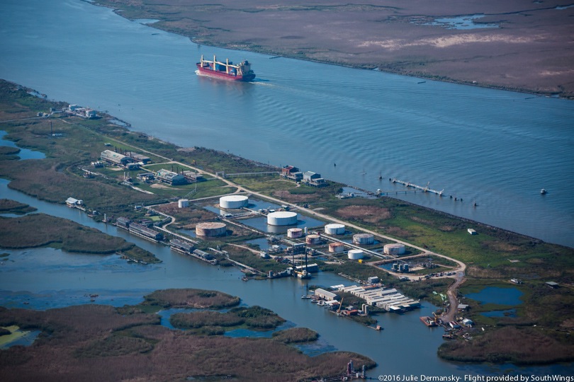 Oil and gas industry infrastructure at the mouth of the Mississippi River.